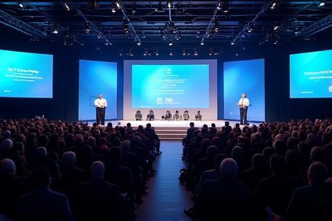 広い会場で講演者が大勢の聴衆にプレゼンテーションをしている様子。